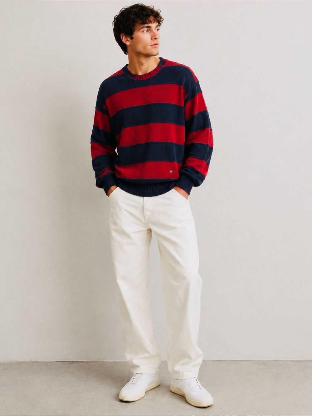 Vintage Tommy Hilfiger Rugby Style Red & Navy Striped Crewneck Sweater Size L